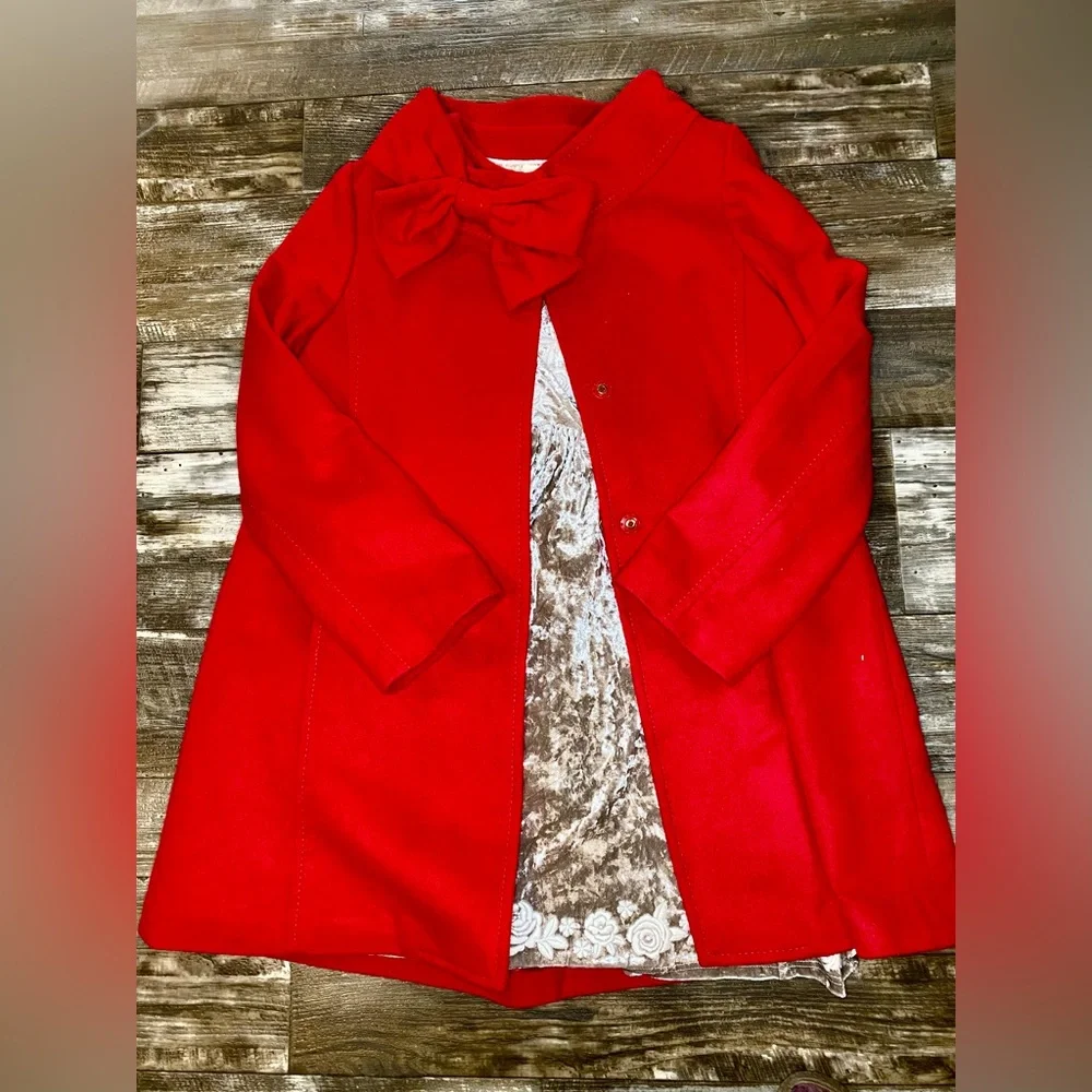 Kate Spade Dress Length Red Coat With Bow Detail. Size L - Picture 3 of 8